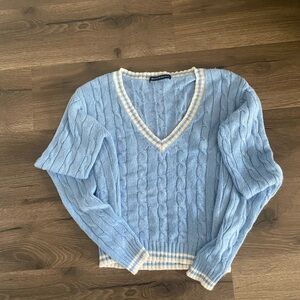 Brandy Melville Blue V-Neck Sweater with Cable Knit